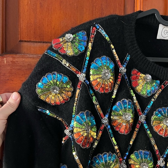 Vintage Sequin Sweater Dress 80s Black Lambswool Angora Knit, Rainbow Size M - Picture 6 of 9